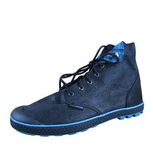 Palladium Pampa Women 6.5 Black Suede Lace-Up Boots Blue Plaid Lining Casual